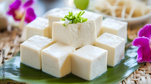 Fresh cubed tofu elegantly arranged on tropical leaf with orchid accents