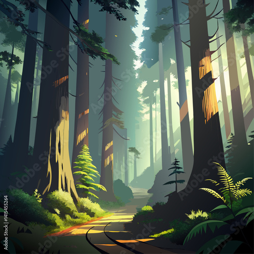 A forest with a path leading through it. The path is surrounded by trees and there is a sun shining through the trees