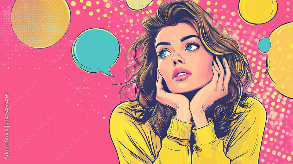 Enigmatic girl immersed in introspective contemplation with vibrant comic aesthetic