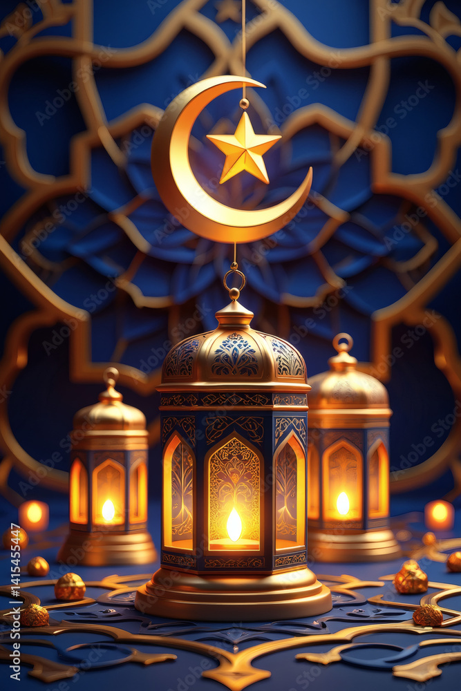 Obraz premium Gold Islamic Lanterns and Symbols on Purple Background