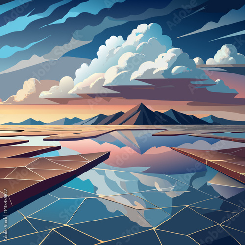 A painting of a desolate landscape with mountains in the background and a large body of water. The sky is cloudy and the sun is setting, creating a moody atmosphere