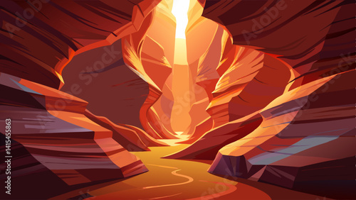 A painting of a canyon with a river running through it. The canyon is orange and the sky is blue