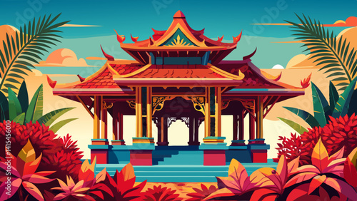 Fantastic Thai Ancient Style Pavilion with Shrubs of Red Coleus in Foreground