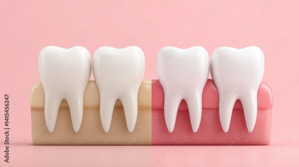 Gum recession vs normal gum line in clean 3D style. Soft and clear illustration of dental care differences Gum recession vs normal gum line in clean 3D style. Soft and clear illustration of dental care differences