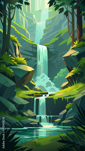 A waterfall is shown in a lush green forest. The water is flowing down a rocky cliff, creating a serene and peaceful atmosphere. Concept of tranquility and natural beauty