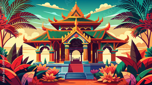 Fantastic Thai Ancient Style Pavilion with Shrubs of Red Coleus in Foreground