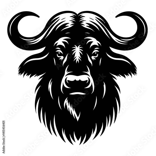 Majestic Cape Buffalo Head: A powerful and stoic cape buffalo, its formidable horns and unwavering gaze. a symbol of strength and untamed wilderness in a monochrome portrayal.