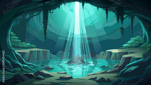 A cave with a stream of light shining through it. The light is coming from a hole in the ceiling. The cave is filled with trees and rocks