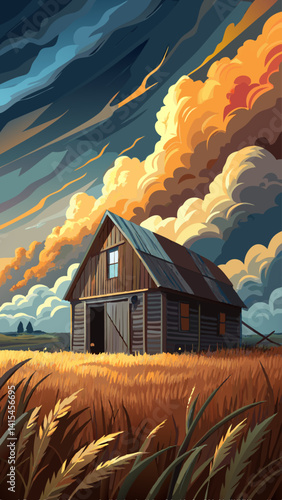 A small, old house sits in a field of tall grass. The sky is cloudy and the sun is setting, casting a warm glow over the scene