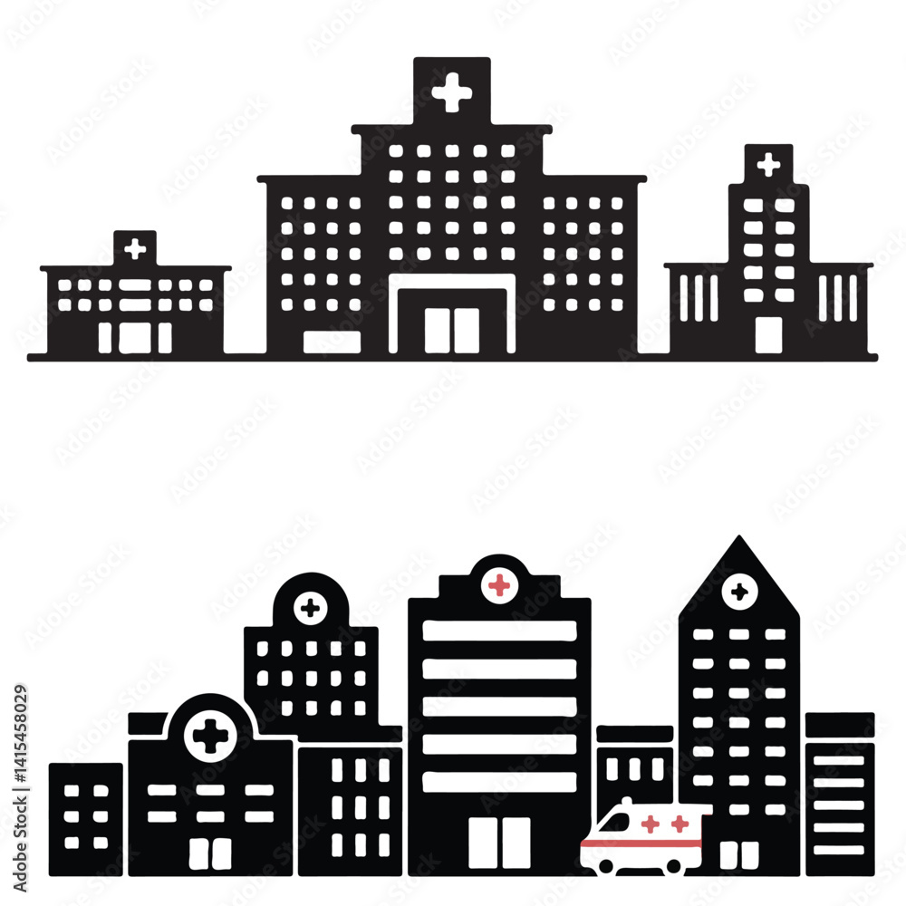 Obraz premium hospital, clinic, hospital building black vector silhouettes