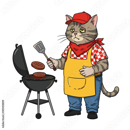 Chubby Grilling Cat Chef with Apron and Spatula
