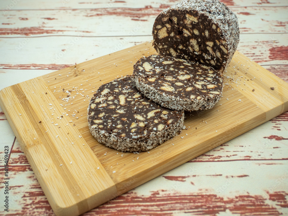 homemade chocolate salami with biscuits and turkish delight