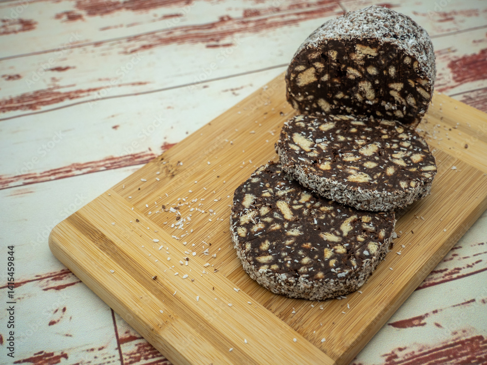 homemade chocolate salami with biscuits and turkish delight