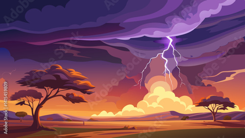 A painting of a stormy sky with a lightning bolt. The sky is dark and the lightning bolt is bright. The mood of the painting is intense and dramatic