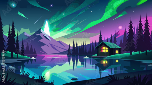 A serene and peaceful scene of a lake surrounded by mountains and a cabin. The sky is filled with stars and the aurora borealis, creating a magical and calming atmosphere