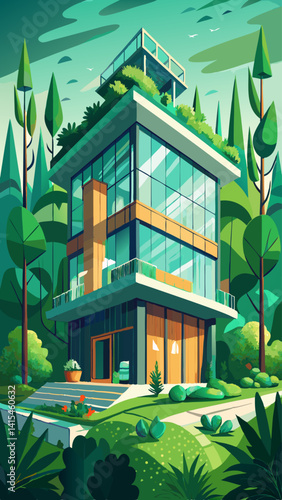 A large house with a lot of trees and a green lawn. The house is surrounded by a forest and has a lot of greenery