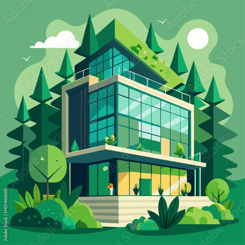 A large house with a lot of trees and a green lawn. The house is surrounded by a forest and has a lot of greenery