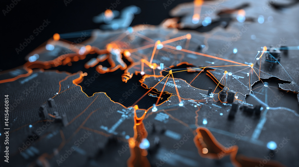 Digital 3D Map of Europe and Middle East: Networking, Data Visualizations & Geographic Communication in High-Tech Infographics