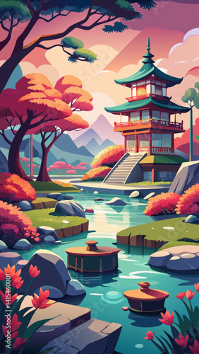 A beautiful landscape with a bridge and a pagoda. The bridge is made of stone and the pagoda is made of wood. The scene is peaceful and serene, with a river running through the area