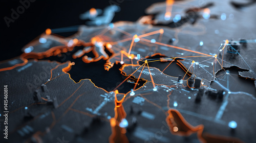 Obraz na płótnie Digital 3D Map of Europe and Middle East: Networking, Data Visualizations & Geographic Communication in High-Tech Infographics w salonie