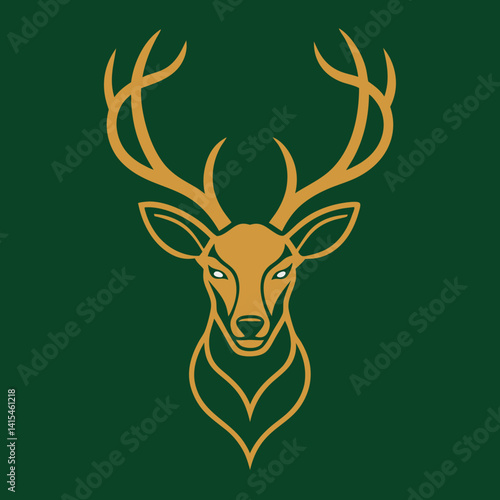 Elegant deer head logo gold outline illustration on green background design