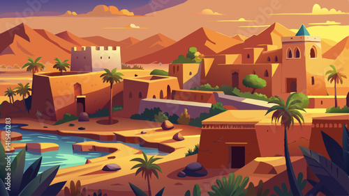 A painting of a desert town with a river running through it. The painting has a warm, inviting mood and the idea is to showcase the beauty of the desert landscape