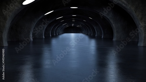 Dark  arched tunnel extending into the distance.  A smooth  dark floor reflects the overhead lighting