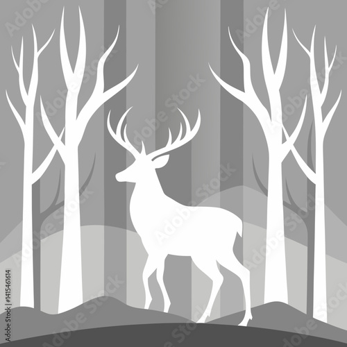 Elegant white deer silhouette roaming through winter forest in shades of gray