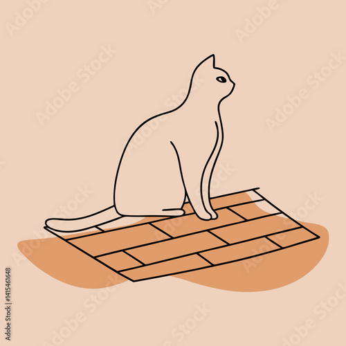 Minimalist cat illustration sitting gracefully on a rug soft color palette