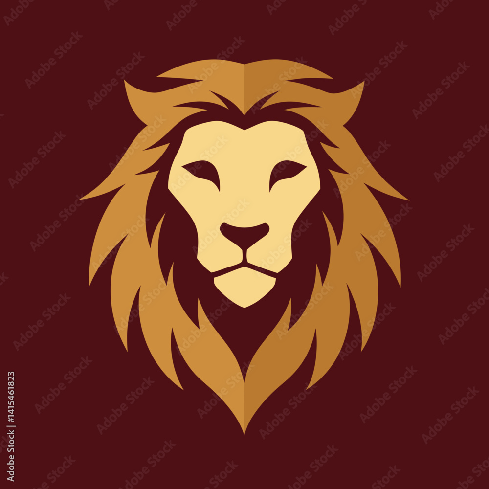 Fototapeta premium Elegant golden lion head logo design on rich maroon background graphic