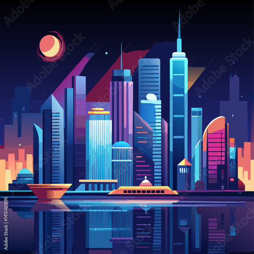 A city skyline with a large red moon in the background. The city is lit up with neon lights, giving it a futuristic and vibrant atmosphere