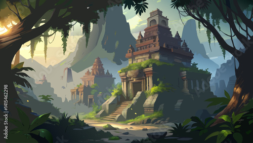 A lush green forest with a large building in the middle. The building has a lot of trees growing out of it