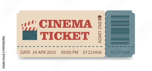 Cinema ticket vector flat with barcode, cut line, simple style, red beige blue color