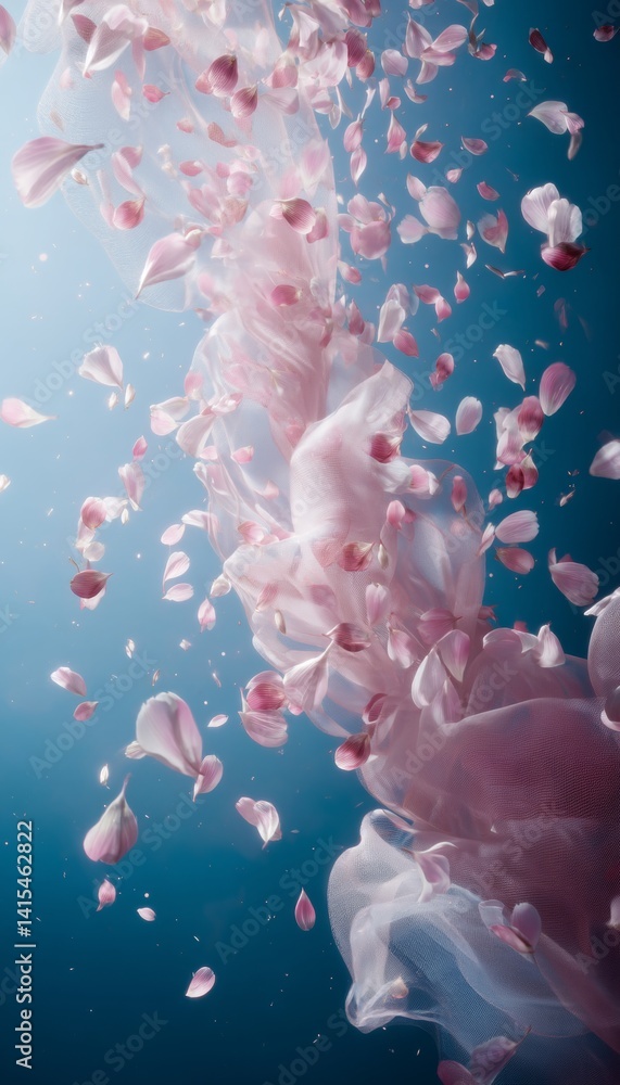 Enchanting sky of floating cherry blossom petals with tulle ribbon against an ethereal blue backdrop