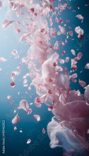 Obraz na płótnie Enchanting sky of floating cherry blossom petals with tulle ribbon against an ethereal blue backdrop w salonie