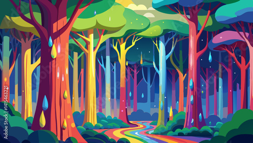A colorful painting of a forest with a rainbow waterfall. The painting is vibrant and full of life, with the colors of the rainbow blending together to create a sense of harmony and beauty