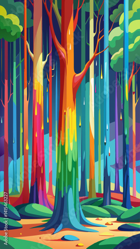 A colorful painting of a forest with a rainbow waterfall. The painting is vibrant and full of life, with the colors of the rainbow blending together to create a sense of harmony and beauty