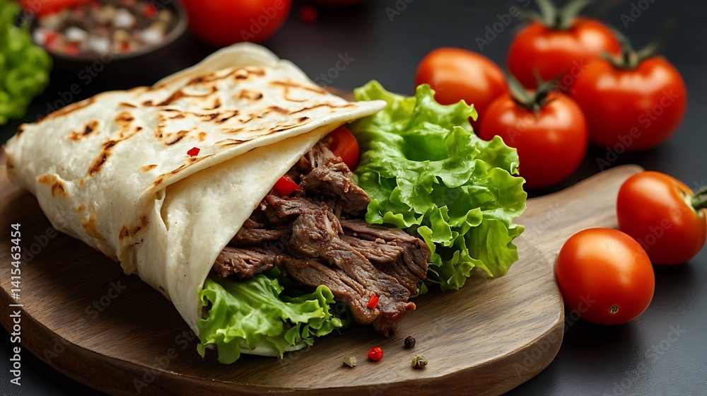 Perfectly Rolled Beef Shawarma, Garnished with Lettuce and Tomatoes Delight Perfectly Rolled Beef Shawarma, Garnished with Lettuce and Tomatoes Delight