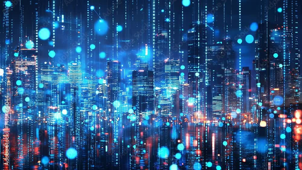 Cityscape with blue data streams overlay, digital world concept, futuristic. Cityscape with blue data streams overlay, digital world concept, futuristic.