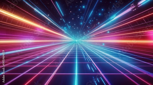 Retro Futuristic Cyberpunk Landscape with Glowing Neon Grid and Starfield