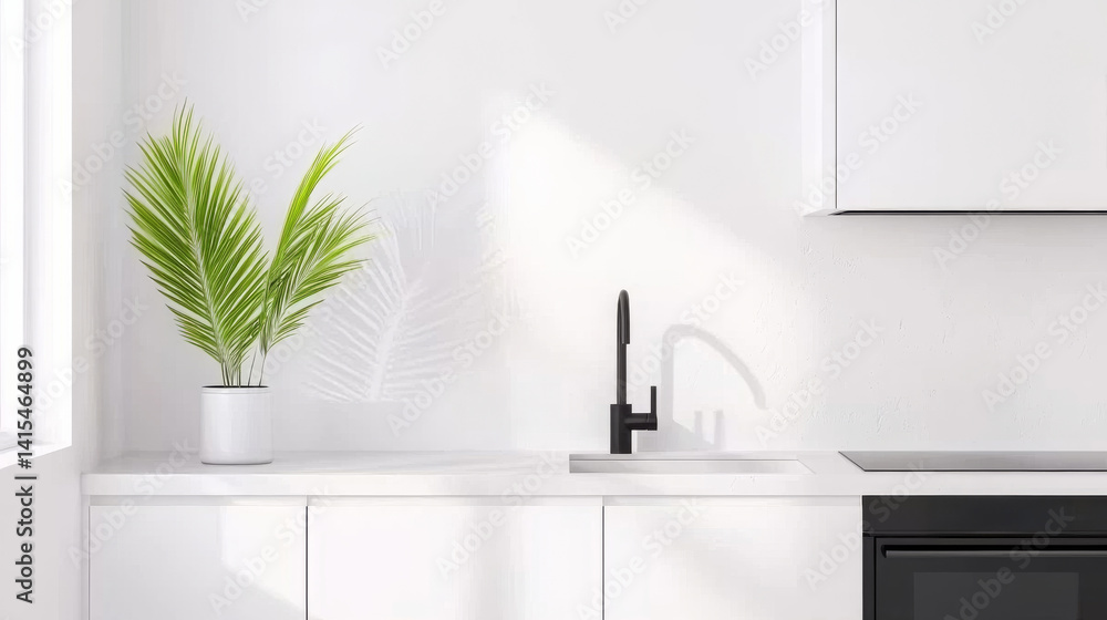 Fototapeta premium Modern Kitchen with Sleek White Cabinets and Vibrant Green Plant in Airy Space