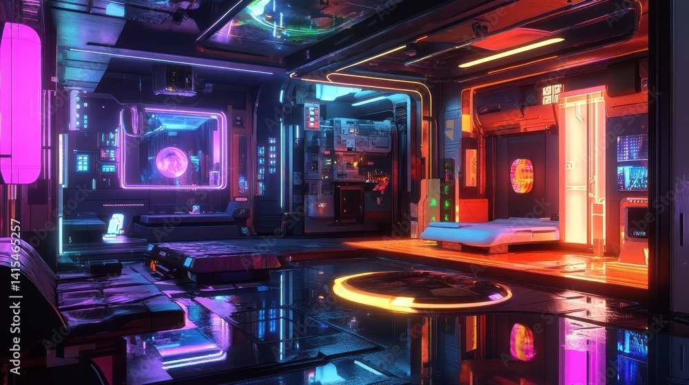 Obraz premium Cyberpunk Dreamscape: A futuristic interior bathed in neon lights and reflections