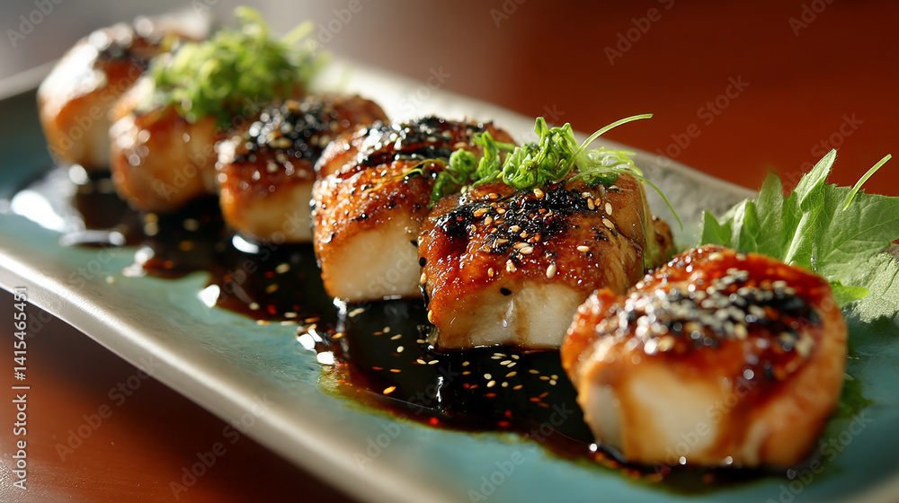 Yellowtail teriyaki glaze shining arranged elegantly