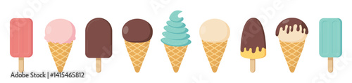 Set of tasty ice creams. Collection different ice-cream cones and popsicle isolated on white background. Sweet summer delicacy. Vector illustration