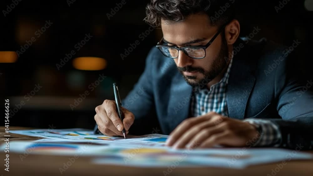 Focused professional analyzing colorful charts and graphs in a dimly lit office setting Focused professional analyzing colorful charts and graphs in a dimly lit office setting