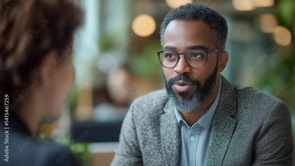 Engaging conversation between two professionals in a modern café setting with blurred background Engaging conversation between two professionals in a modern café setting with blurred background