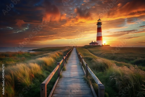 A majestic lighthouse stands tall at sunset, a beacon of hope guiding the path ahead across a tranquil coastal landscape with warm golden light.