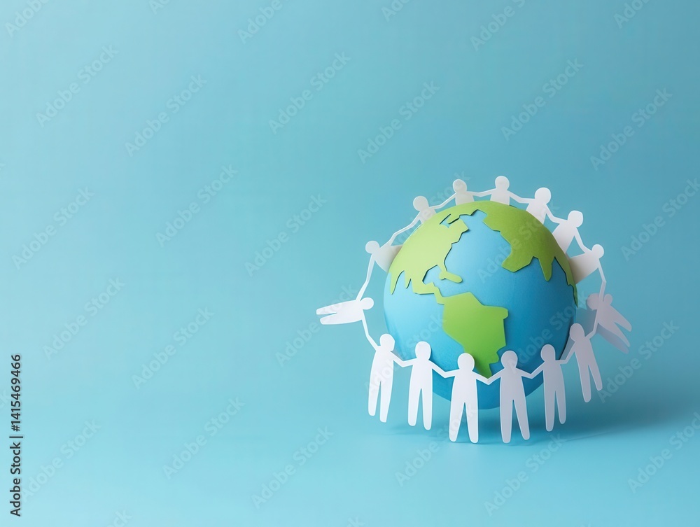 Fototapeta premium Paper chain of people holding hands around globe, community health concept
