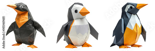 Paper penguins in three unique designs isolated on transparent PNG image perfect for arctic-themed visuals or winter characters