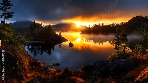 Sunrise reflecting on a tranquil mountain lake.